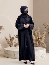 Elegant Jet Black Front-Open Abaya with Lace Embroidered Cuffs