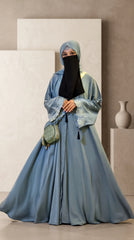 Sage Mint Open-Embroidery Abaya with Tassels