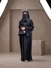 Cuff-Embroidered Open-Front Romantic Nida Abaya in Jet Black