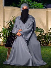 Slate Grey Open-Embroidery Abaya with Tassels