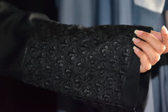 Elegant Jet Black Front-Open Abaya with Lace Embroidered Cuffs