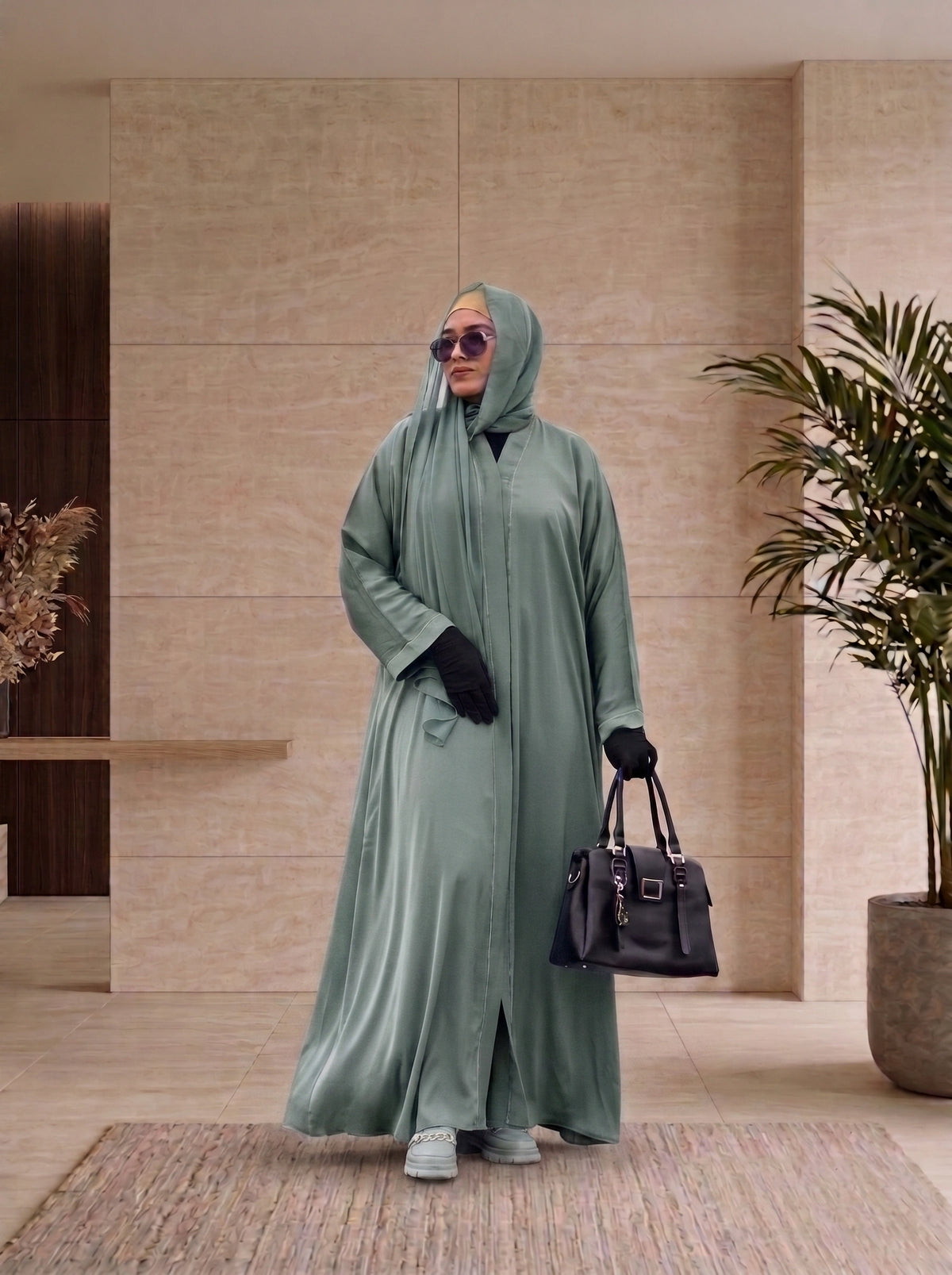 Crystal DMC Border Open Abaya in Muted Sage
