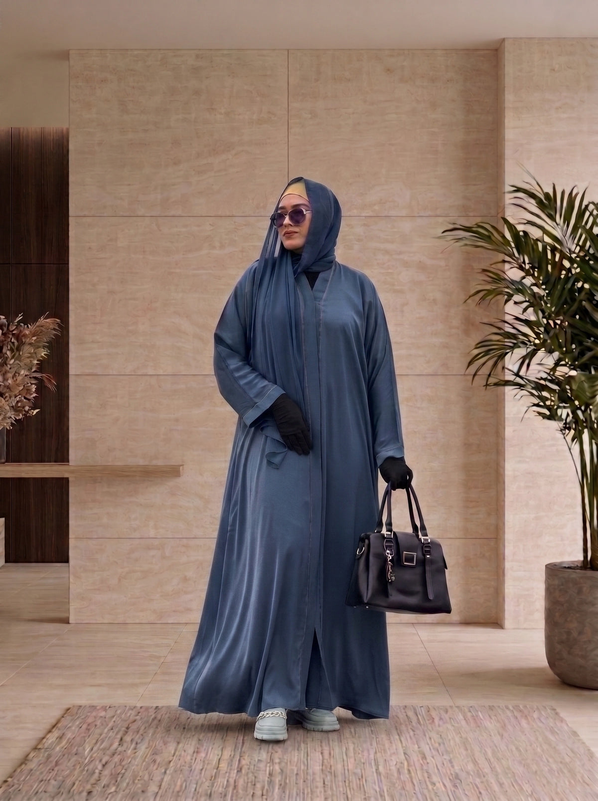 Crystal DMC Border Open Abaya in Deep Navy Blue