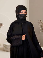 Elegant Jet Black Front-Open Abaya with Lace Embroidered Cuffs