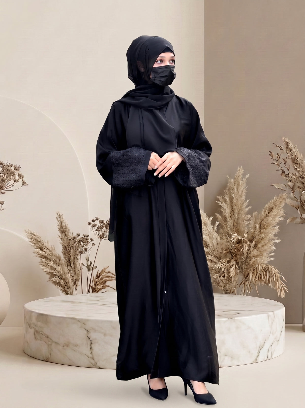 Elegant Jet Black Front-Open Abaya with Lace Embroidered Cuffs