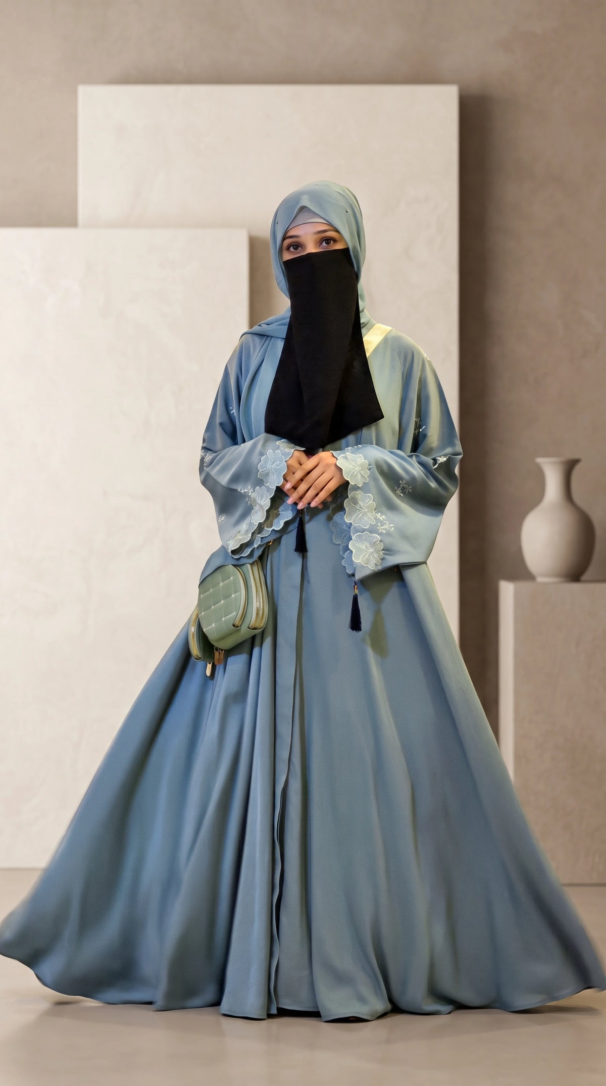 Sage Mint Open-Embroidery Abaya with Tassels