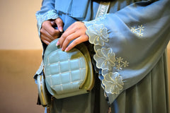Sage Mint Open-Embroidery Abaya with Tassels