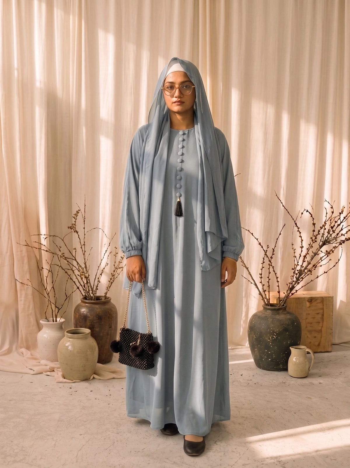 Aura Premium Flow Abaya — Dusty Blue (Romantic Nadia Edition)