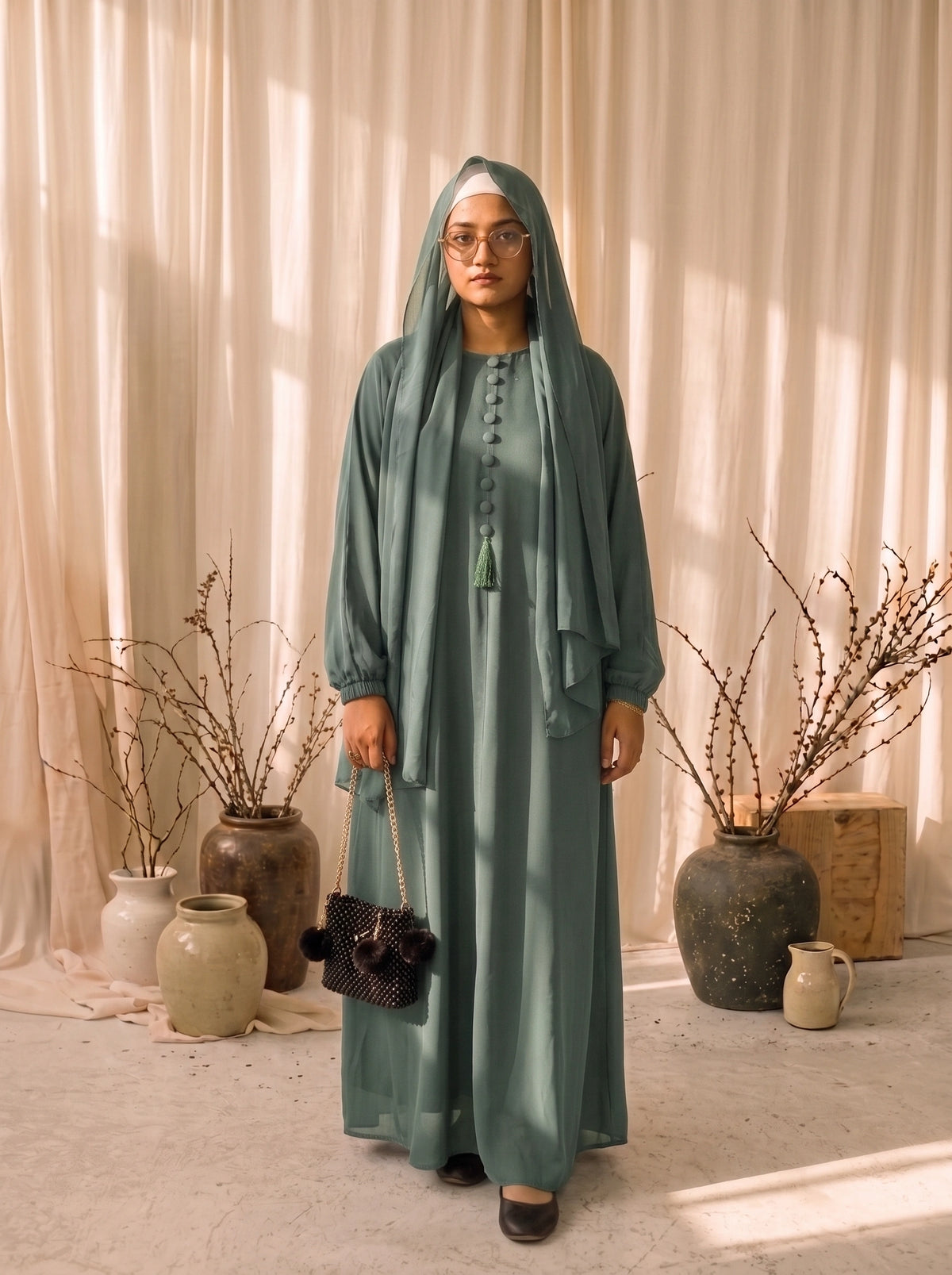 Aura Premium Flow Abaya — Sage Green (Romantic Nadia Edition)