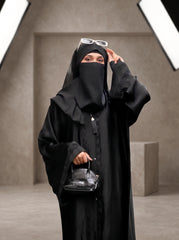 Cuff-Embroidered Open-Front Romantic Nida Abaya in Jet Black