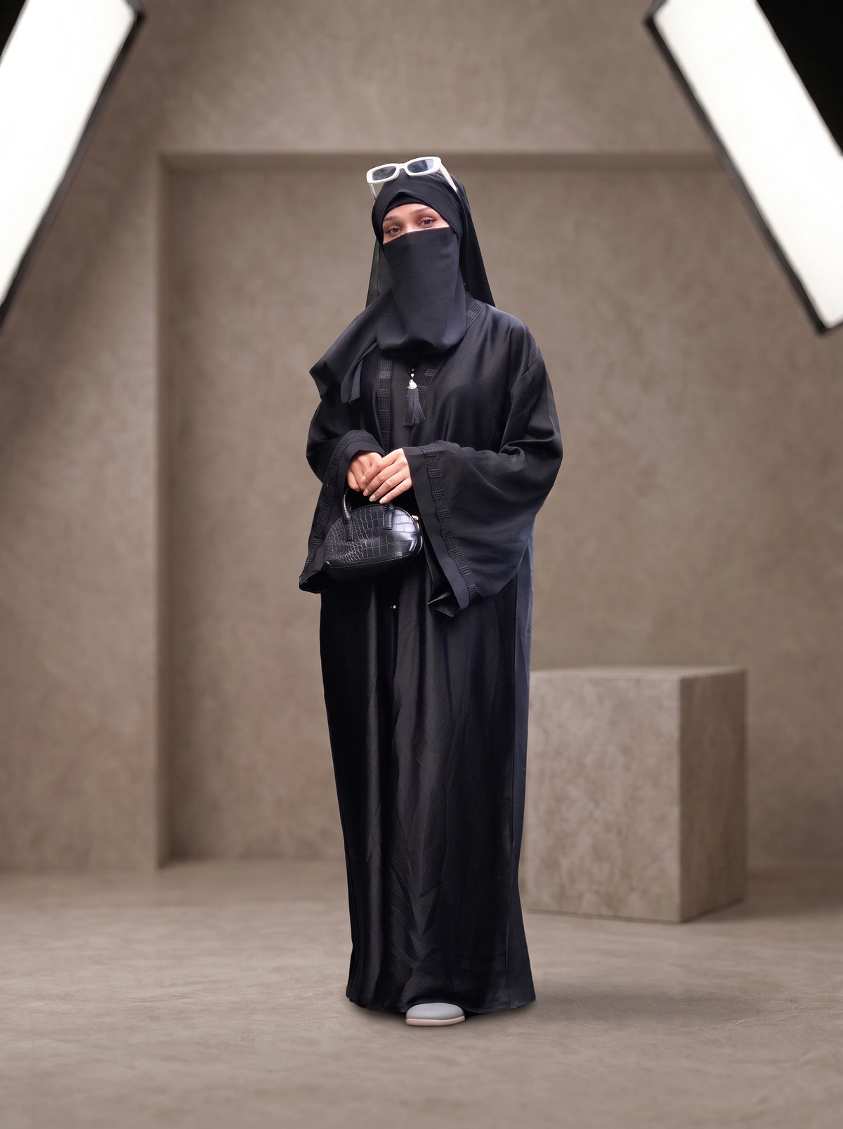 Cuff-Embroidered Open-Front Romantic Nida Abaya in Jet Black