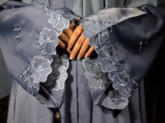 Slate Grey Open-Embroidery Abaya with Tassels