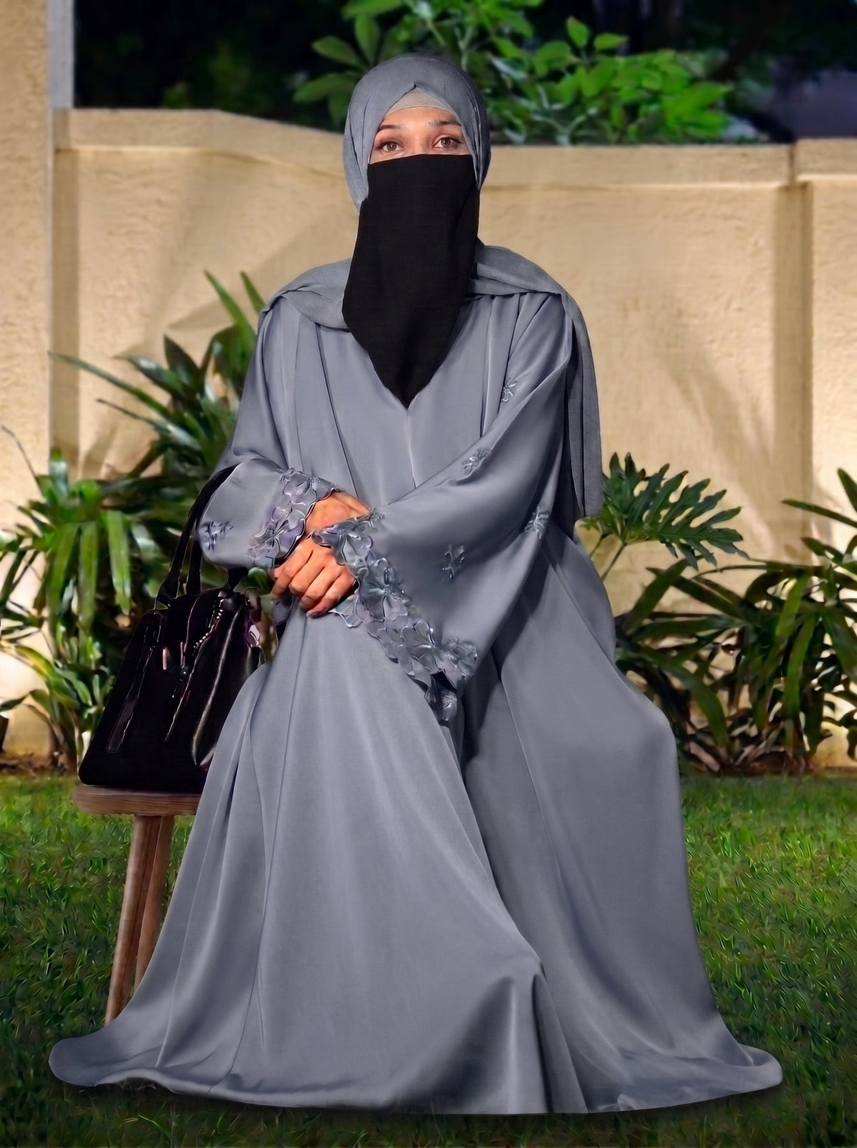 Slate Grey Open-Embroidery Abaya with Tassels