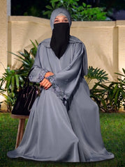 Slate Grey Open-Embroidery Abaya with Tassels