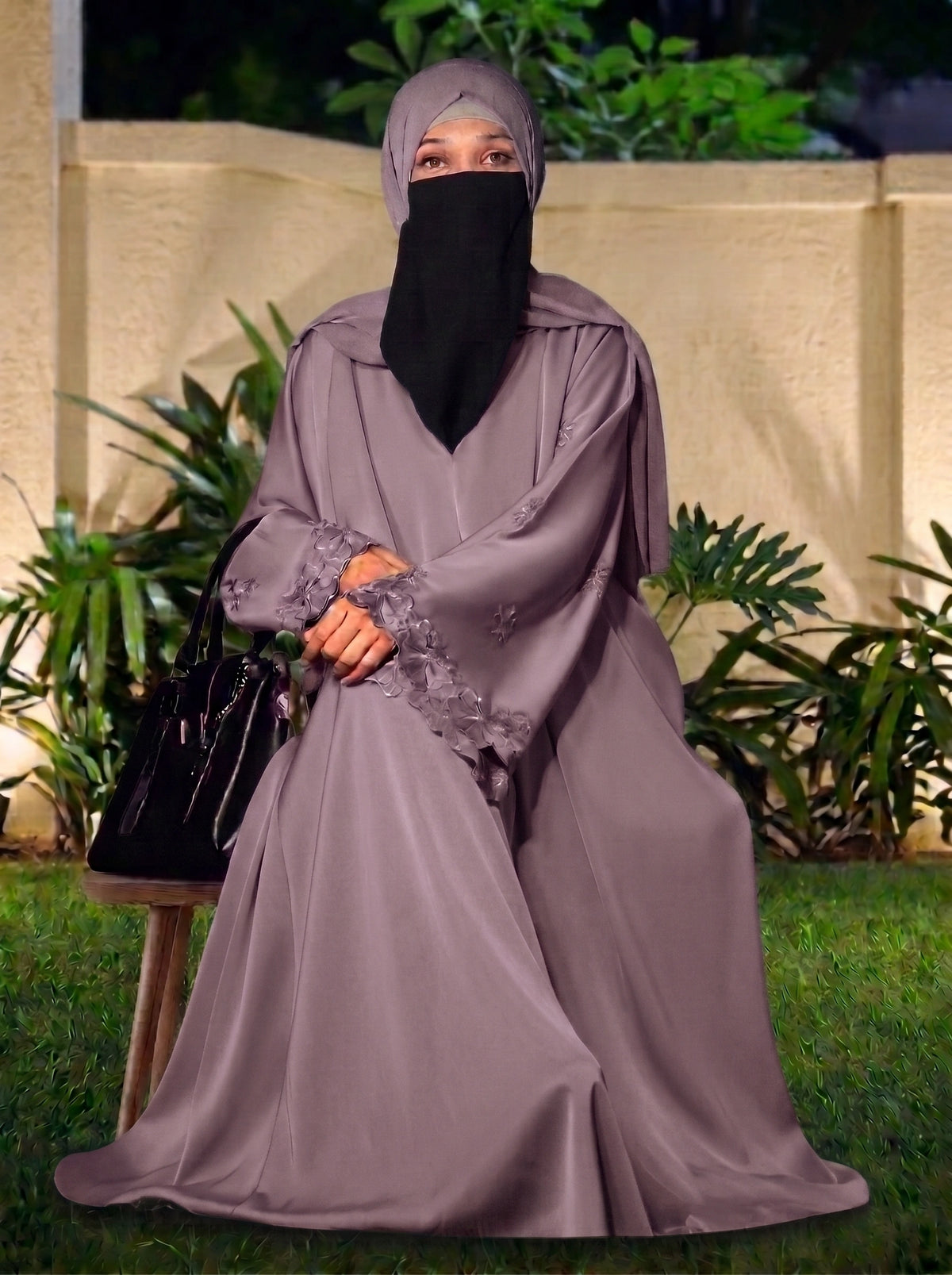 Dusty Mauve Open-Embroidery Abaya with Tassels