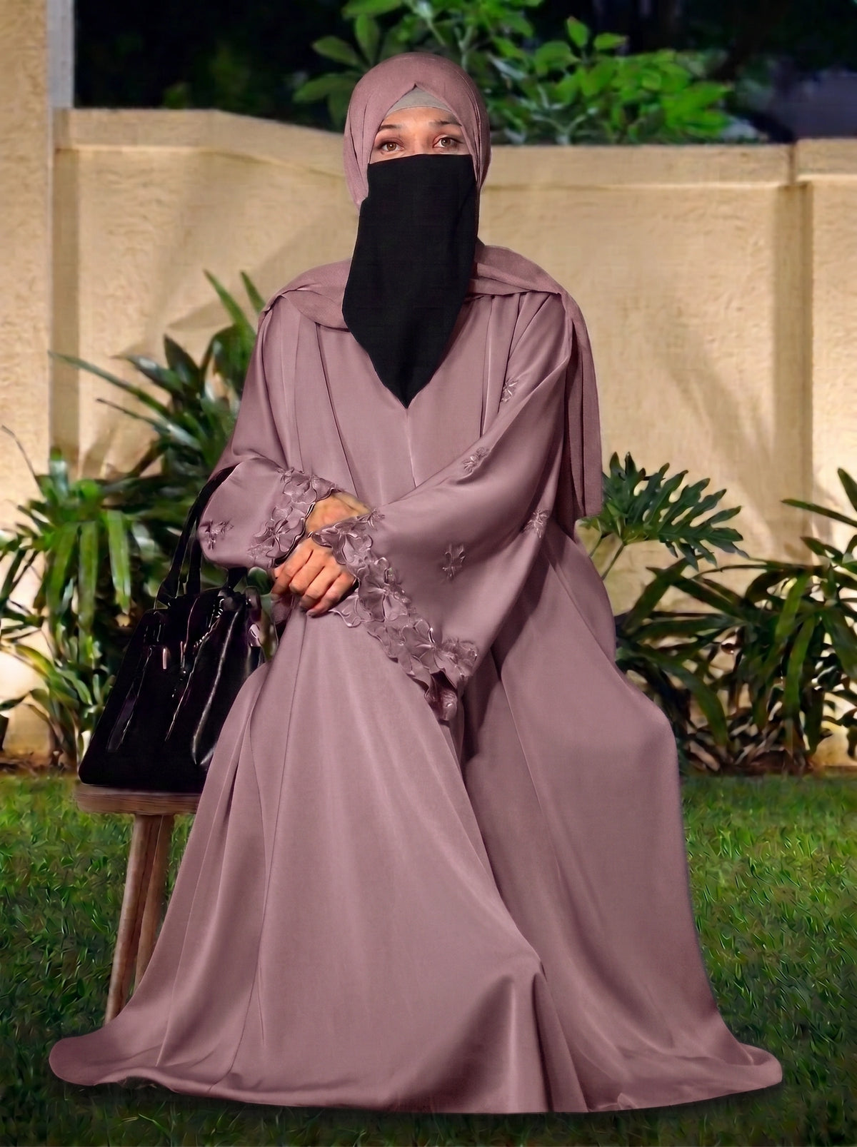 Rose Mauve Open-Embroidery Abaya with Tassels