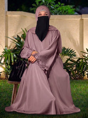 Rose Mauve Open-Embroidery Abaya with Tassels