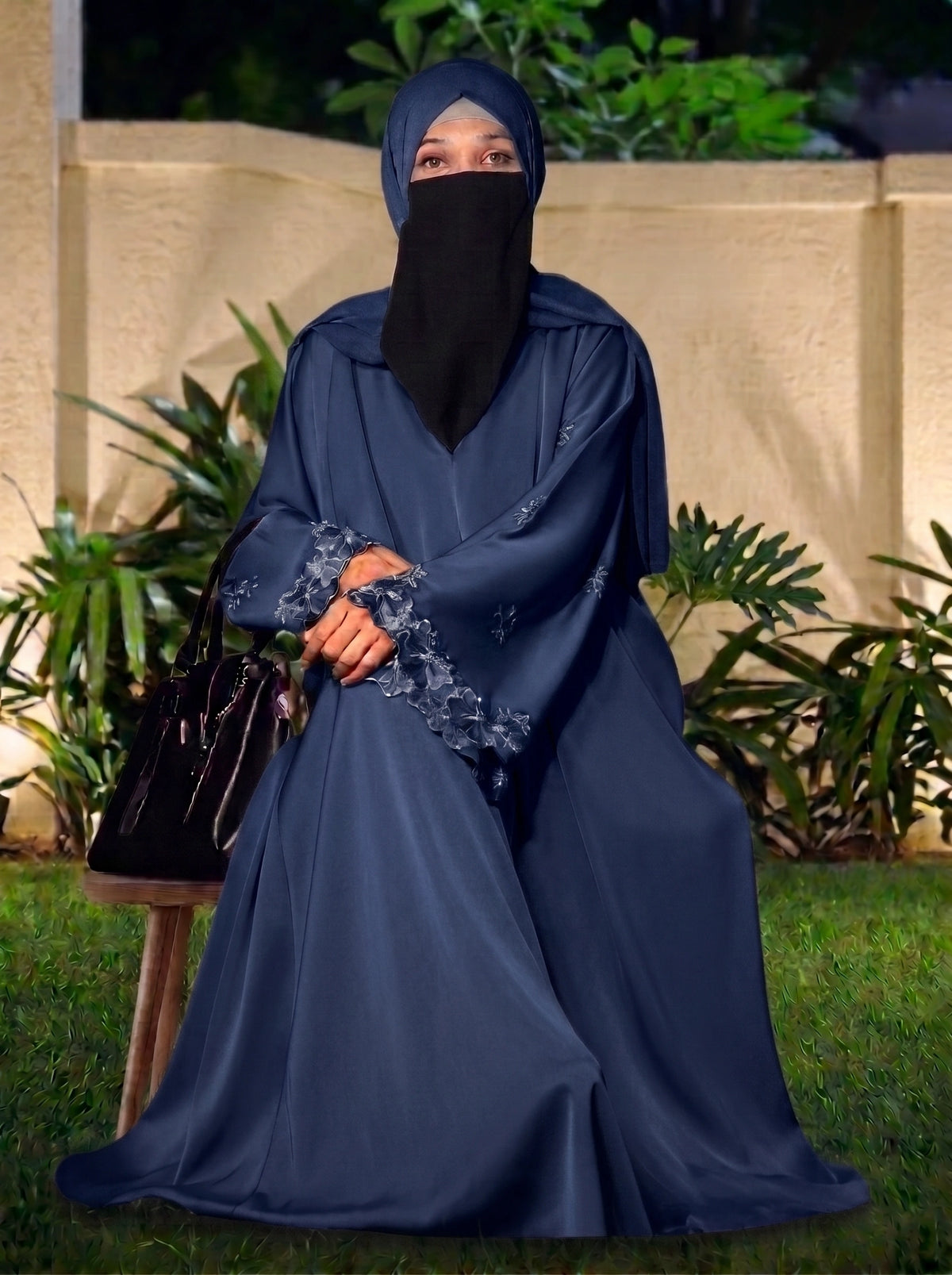 Royal Midnight Open-Embroidery Abaya with Tassels